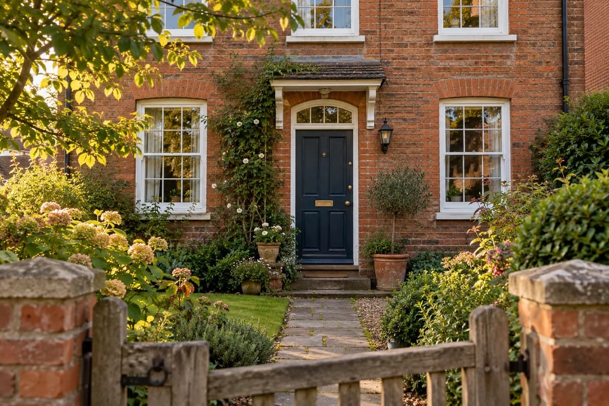 A welcoming British family home with a garden path and navy front door