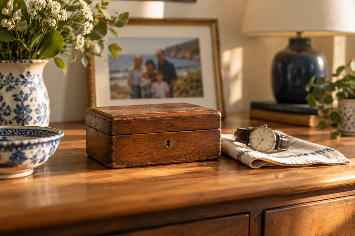 A wooden keepsake box and watch on a sunlit sideboard