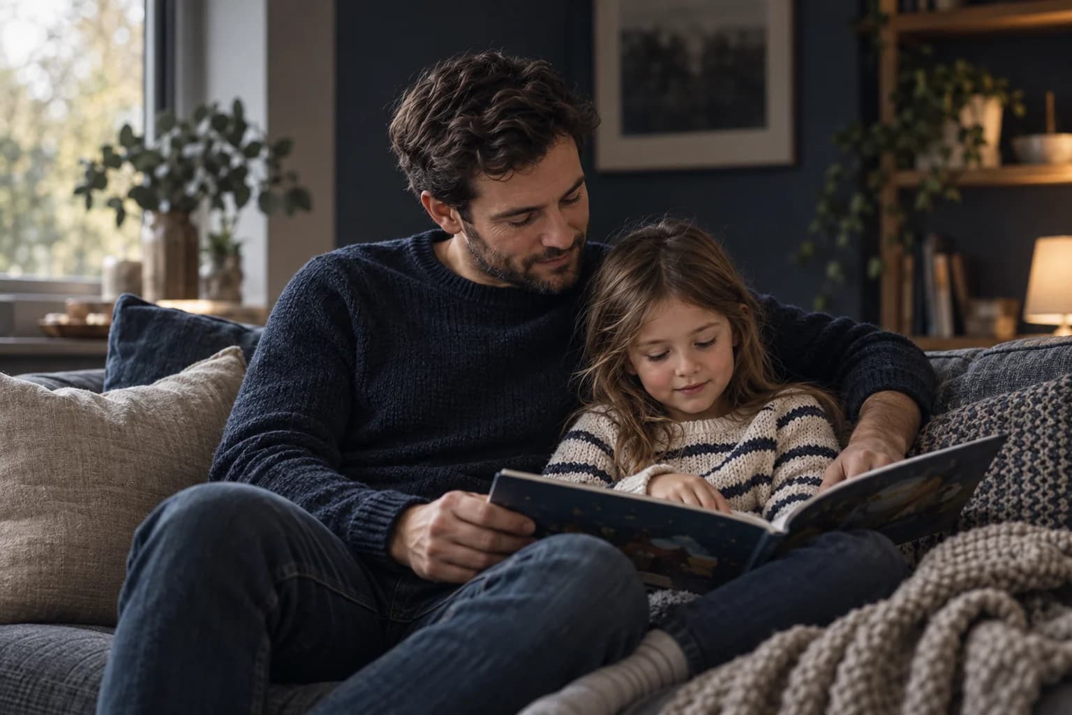 A young father reading with his daughter