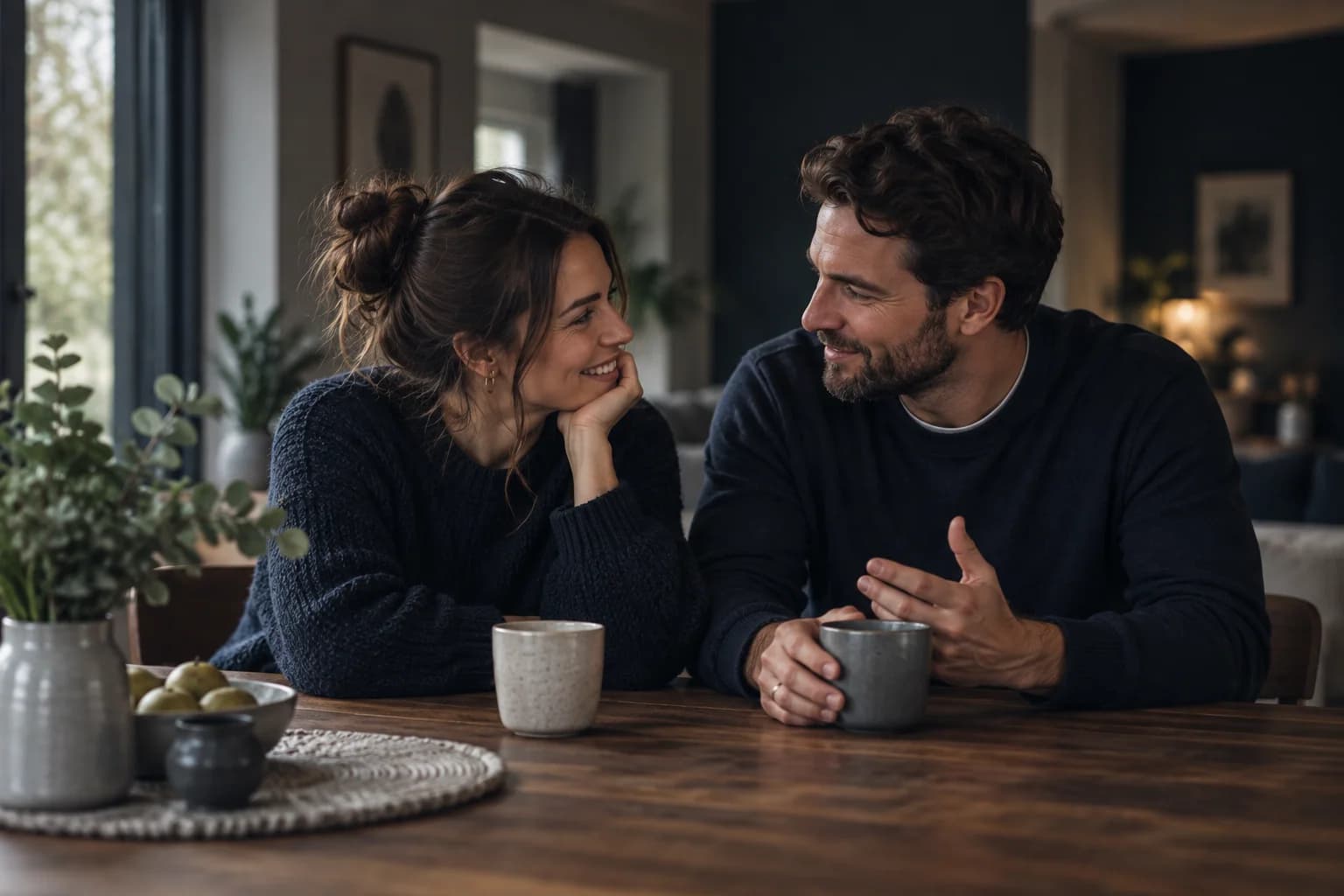 A young couple talking together at home
