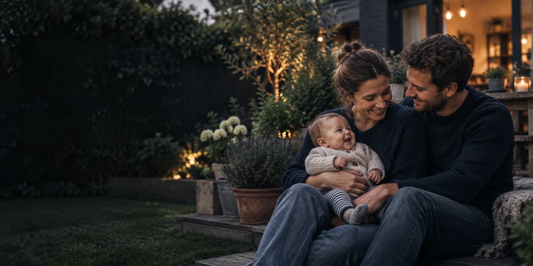Young parents spending time with their baby in the garden