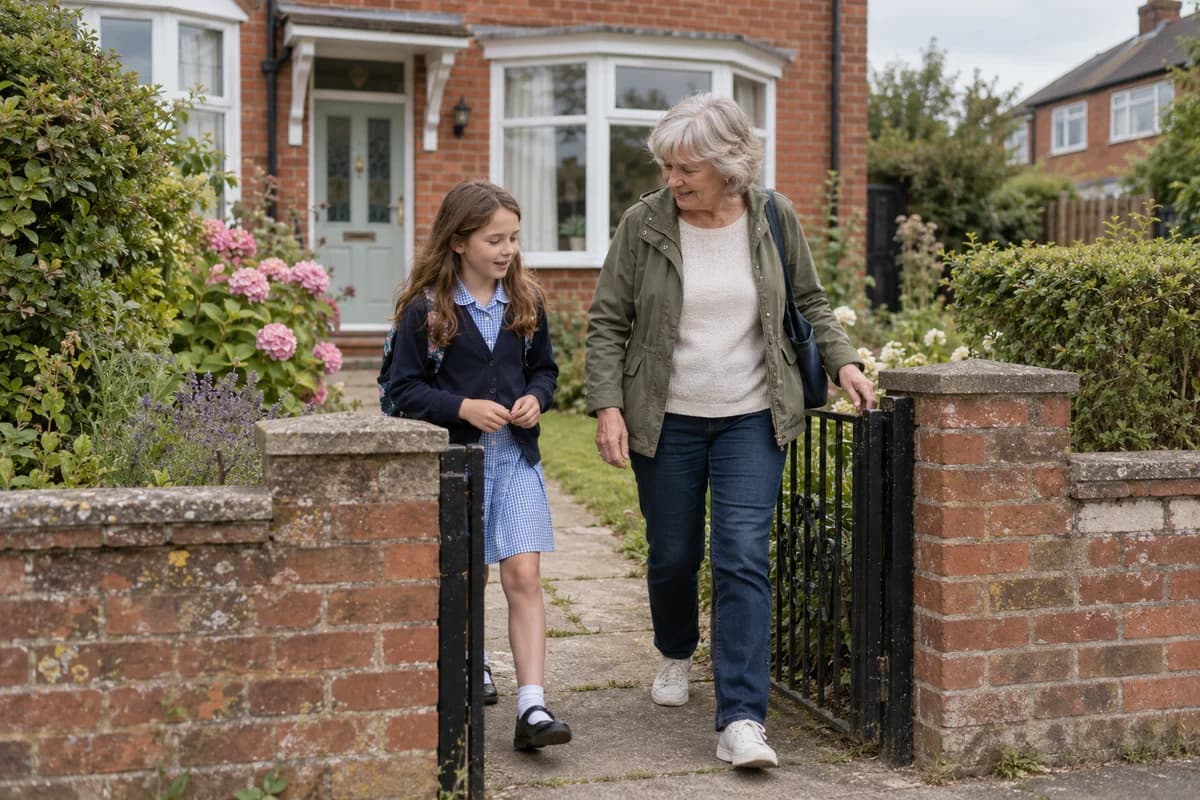 A grandmother and granddaughter leaving a family home together