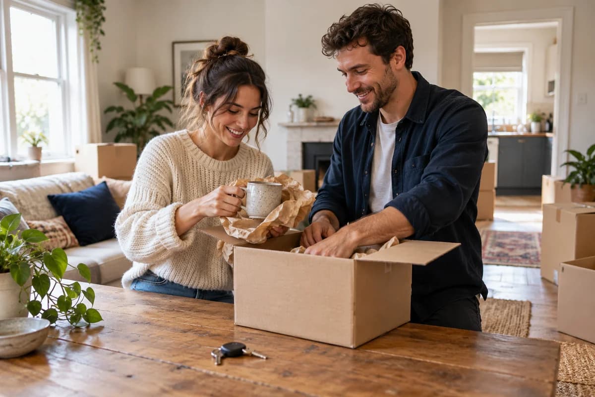 A young couple unpacking in their new home