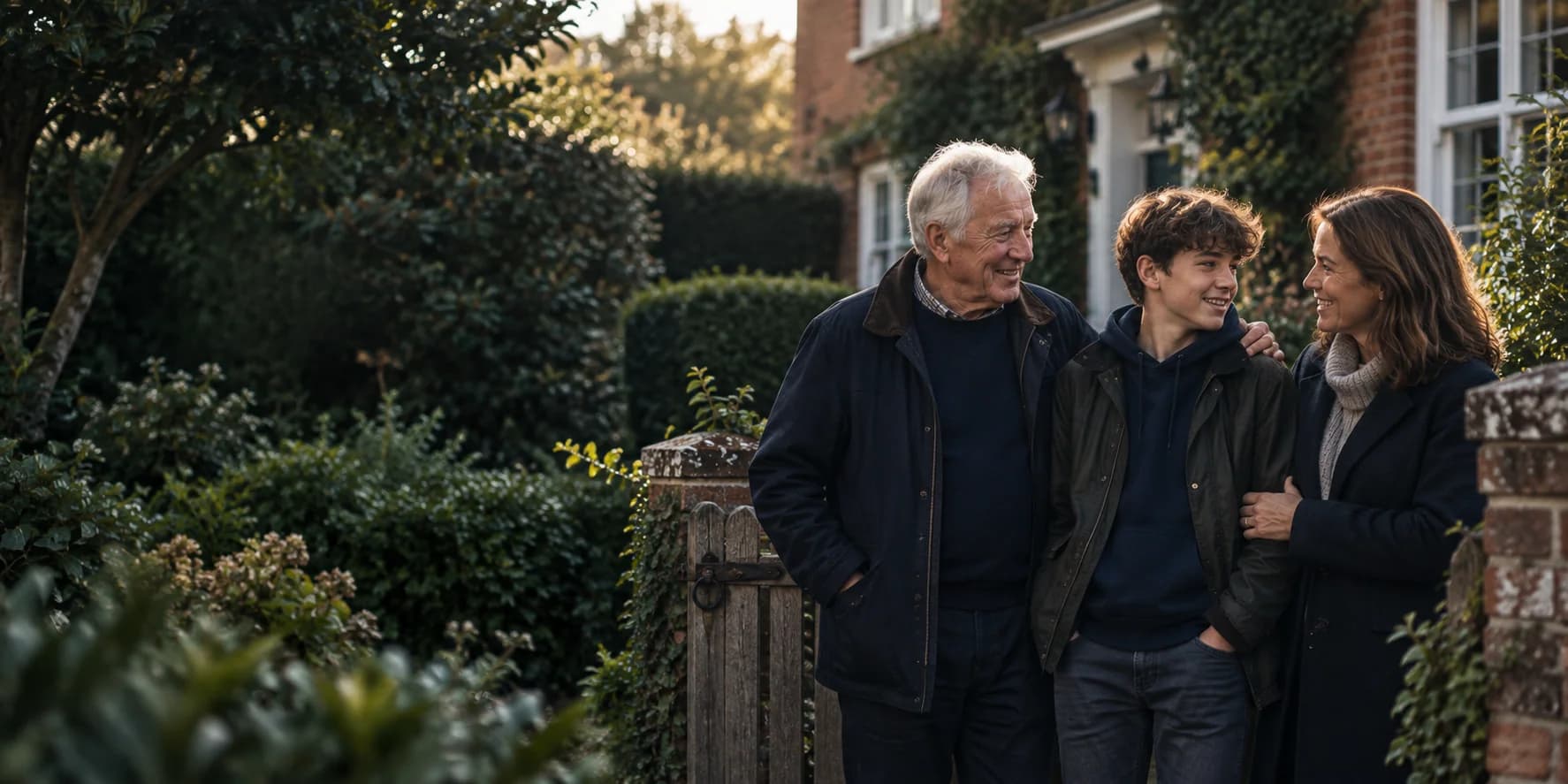 Three generations together outside a family home