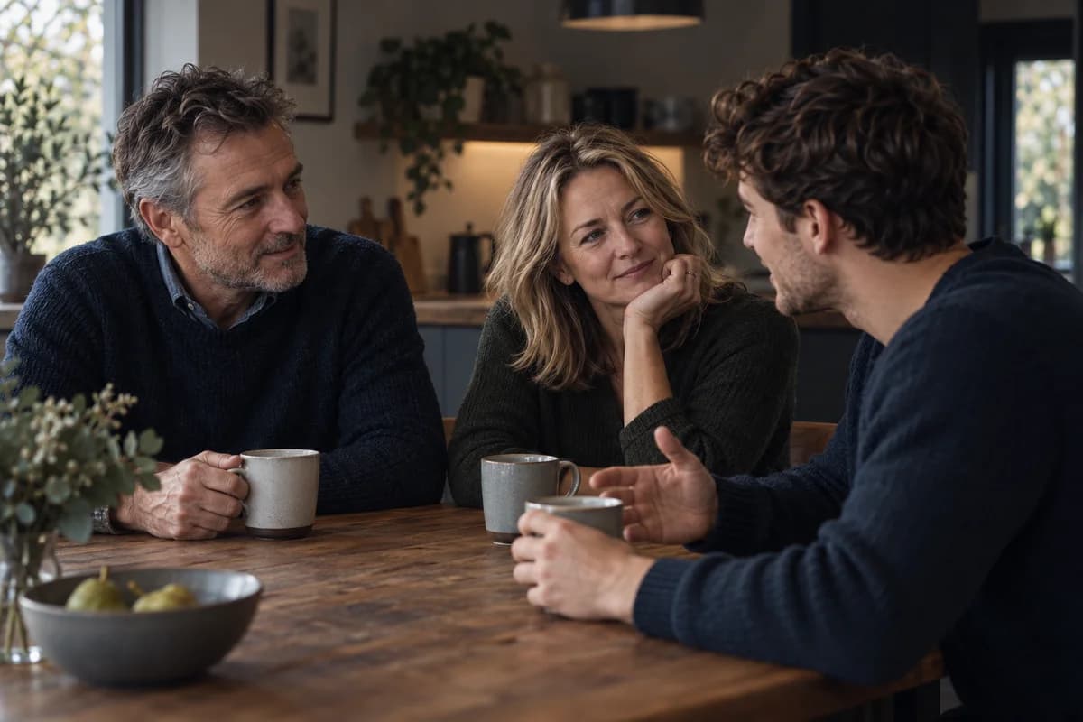 Parents and their adult son talking together at a family table