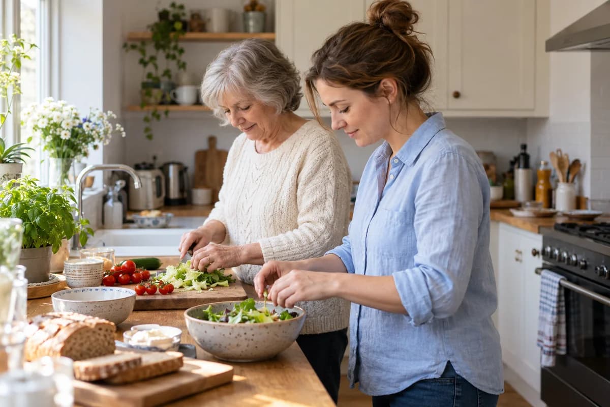 An adult daughter and her mother preparing lunch together in their kitchen